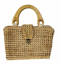 Vintage Woven Straw Beige Handbag Wood Handle Coastal Boho Resort 70s