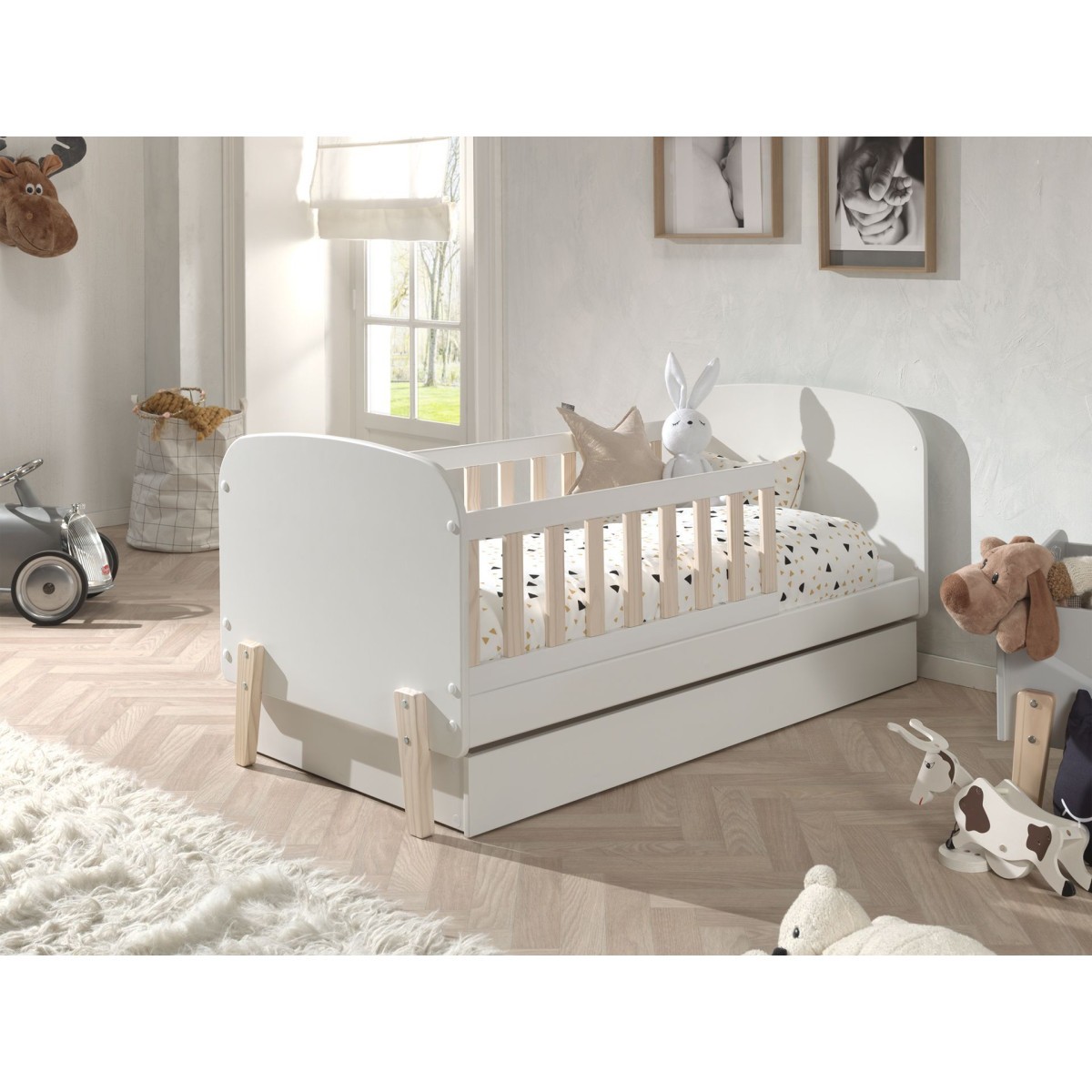 Lit enfant 70x140cm blanc Kiddy antichute avec tiroir gain de place
