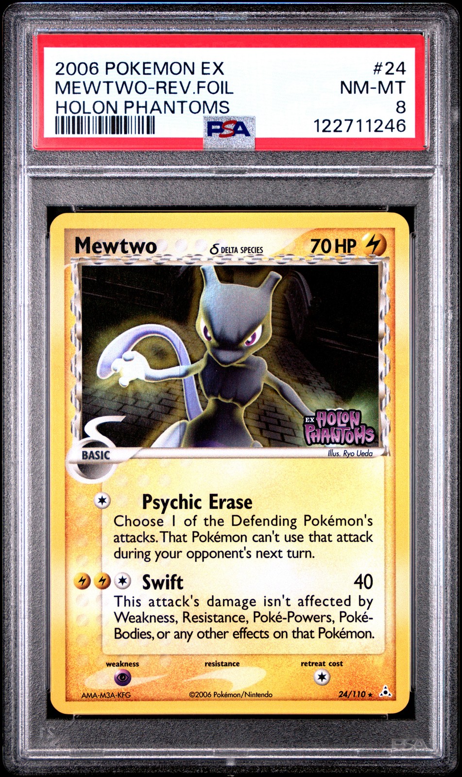 2006 POKEMON EX HOLON PHANTOMS #24 MEWTWO-REVERSE FOIL PSA 8