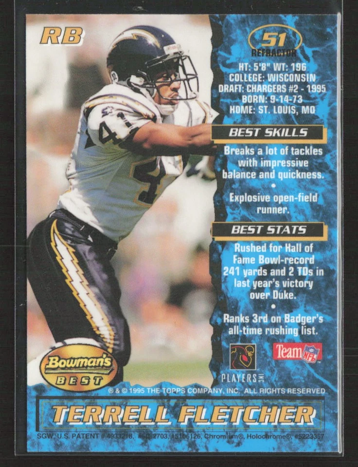 Terrell Fletcher 1995 Bowman's Best #51b Refractors Rookie San Diego Chargers - Image 2 of 2