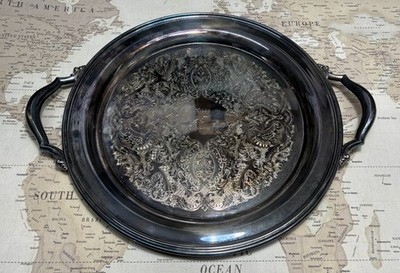 Oneida Silverplate Ridgewood Round Tray With Handles 14.5  25th Anniversary 