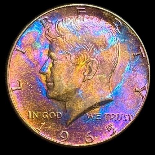 Kennedy Half Dollar 1965 40% Silver Monster Rainbow Toning Uncirculated
