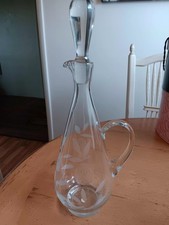 Vintage Romanian Glass Etched. Wine Decanter with Stopper. Made In Romania