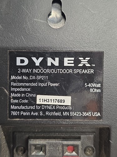 1X DYNEX 2 Way Indoor/Outdoor Speaker / DX-SP211 40 Watts RMS Pool Man Cave - Picture 5 of 6