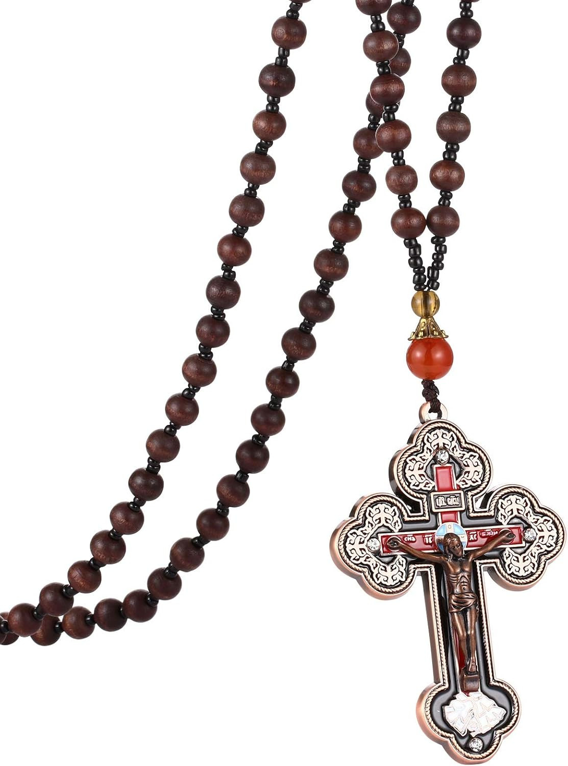 Handmade Orthodox Cross Necklace with Wooden and Glass Beads 70cm Length