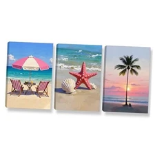 3 Pcs Summer Beach Wall Art, Sunset 12*18(Stretched Canvas on A Wooden Frame)
