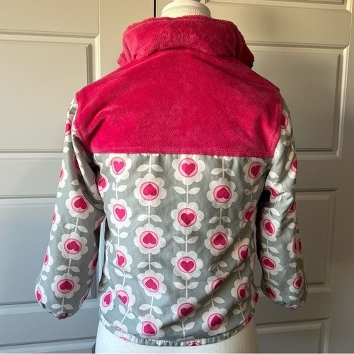 Girls Flower Heart Print Jacket Full Zip Up Pink Gray Kids Coat - Picture 4 of 9