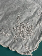 Vintage White Embroidered Linen Handkerchief With Floral Scalloped Edges