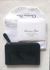 Vintage Dior Black Calfskin Leather Zip Card Case Wallet with Key Ring & Pouch