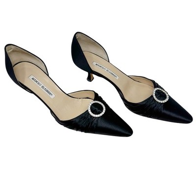 Manolo Blahnik Black Satin Crystal Buckle Kitten Heel D Orsay Pumps 38.5