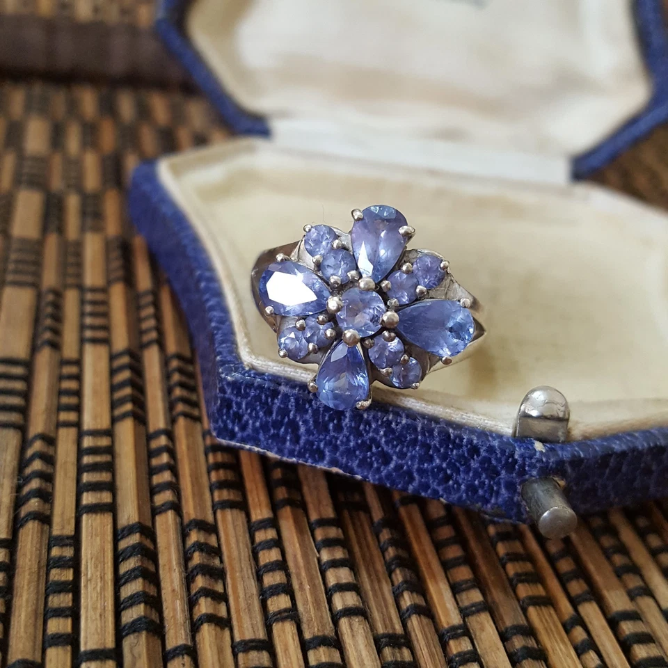 Anillo de Plata de Ley 925, Anillo de Tanzanita Genuino Tipo A, Talla N.5 EE. UU. 7, Floral Foto 4 de 4