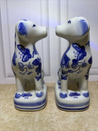 Vintage Pair Blue & White Chinoiserie Porcelain Staffordshire Dogs