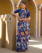 Women's Chiffon Printed Saree With Unstitched Blouse Piece