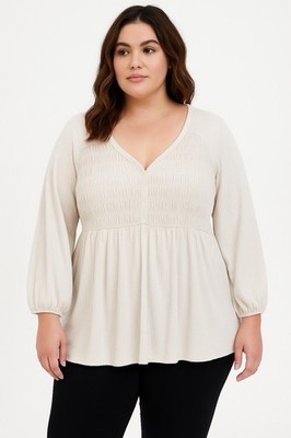 Torrid Women's Cream Smocked Henley Baby Doll Top Size 2 (2X) Peasant Neutral