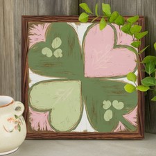 Lucky Irish Decoration Wooden Plaque Pastel Heart Clover Art For St Patricks Day