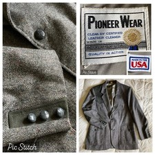 Vtg Pioneer Wear Sport Coat Cowboy Cut Mens 44L Gray Leather Elbow Button USA