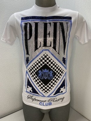 Philipp Plein Mens T-Shirt White Size M Racing Club Rhinestone Embellished