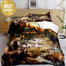 Rustic Cabin Comforter Set King 3pc Bear Moose Deer Wildlife Lodge