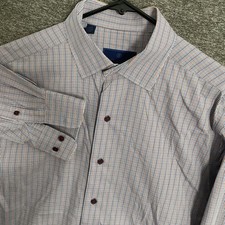 David Donahue Dress Shirt Fusion Performance Mens Size 16.5 L Orange Blue Plaid