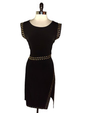 MICHAEL KORS Size XL Sheath Dress Black Gold Grommets Cap Sleeve Stretch Knit
