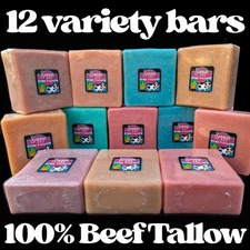 12 Handmade Soap Bars, 100% Pure Beef Tallow, Scented Variety, 5-6 oz. each