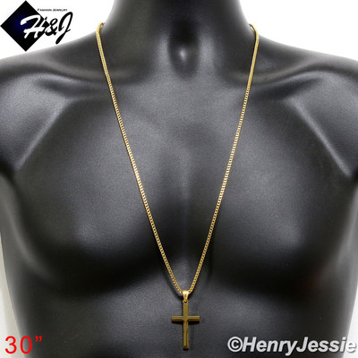 30''Stainless Steel 3mm Gold Plated Franco Box Necklace Plain Cross Pendant*G29