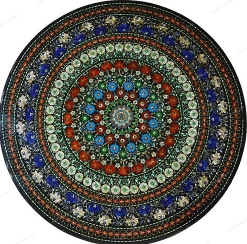 36" Black Marble Table Top – Inlaid with Semi-Precious Stones | Home Decor