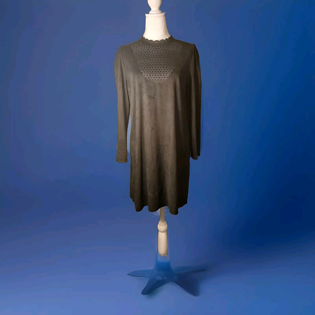 ZARA Woman's Black Faux Suede Long-sleeved Dress Medium Business Casual  Party