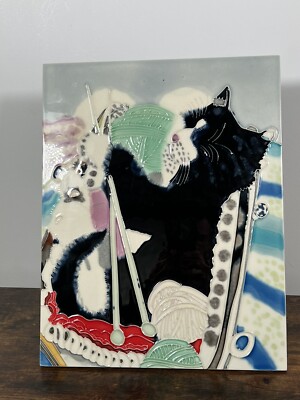 Große gestrickte Katze Keramikfliese Wohndeko selten strukturiert Kitsch