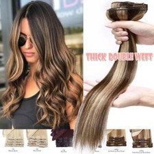 Double Weft 100 Clip In Remy Human Hair Extensions Full Head THICK mix Brown US