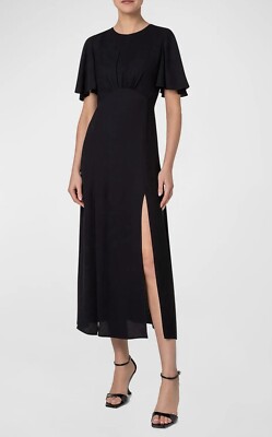 AKRIS  Punto $1390 Moss Crepe Midi A-Line Flutter Sleeve Dress 10 US Black