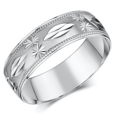 4mm-8mm White Gold 9ct Engraved Star & Leaf 'D' Shaped Wedding Ring Light Weight