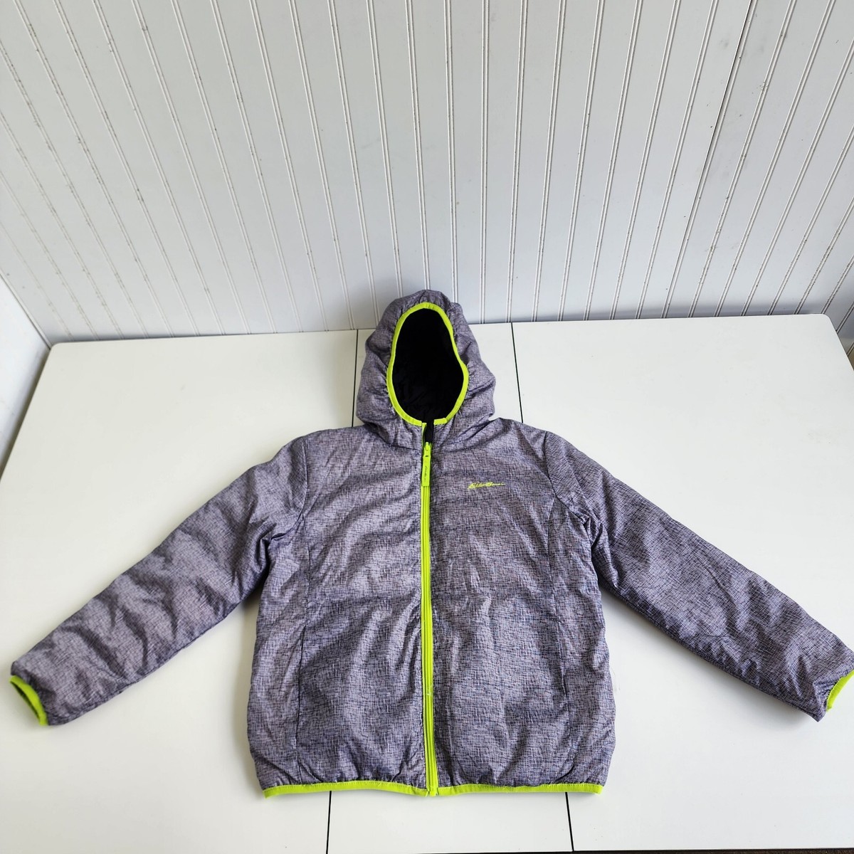 Eddie Bauer Reversible Jacket Boys Black Gray Green Puffer Hooded