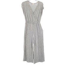 Caution To The Wind Light Gray  White Striped Sleeveless Jumpsuit Women's Sz M