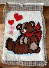 Vintage Latch Hook Completed Rug Wall Hanging Teddy Bear Heart 23.5" x 17.5"
