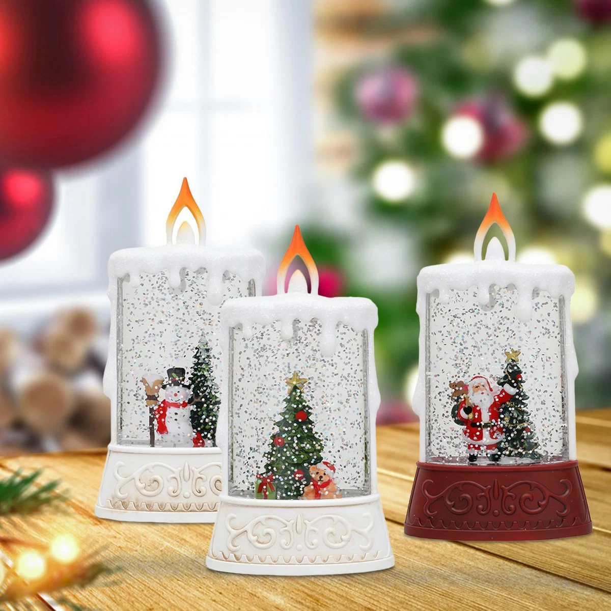 Christmas Candle Light Decorative Candle Water Filled Sequins Snow Scene