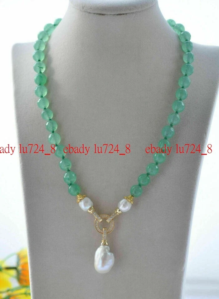 10mm Natural Faceted Green Aventurine White Baroque Pearl Round Gem Necklace 18" - Image 3 of 4
