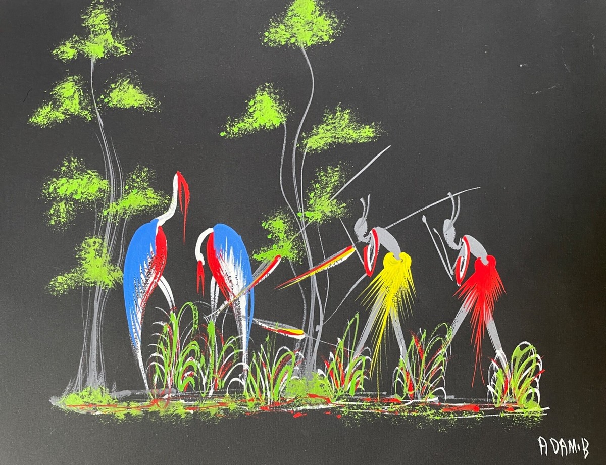 African Art, Brazzaville, Congo 1960s, Gouache on Black Paper