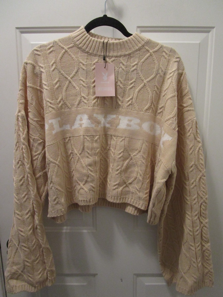 PLAYBOY X MISSGUIDED STONE CABLE KNIT OVERSIZED CROPPED SWEATER
