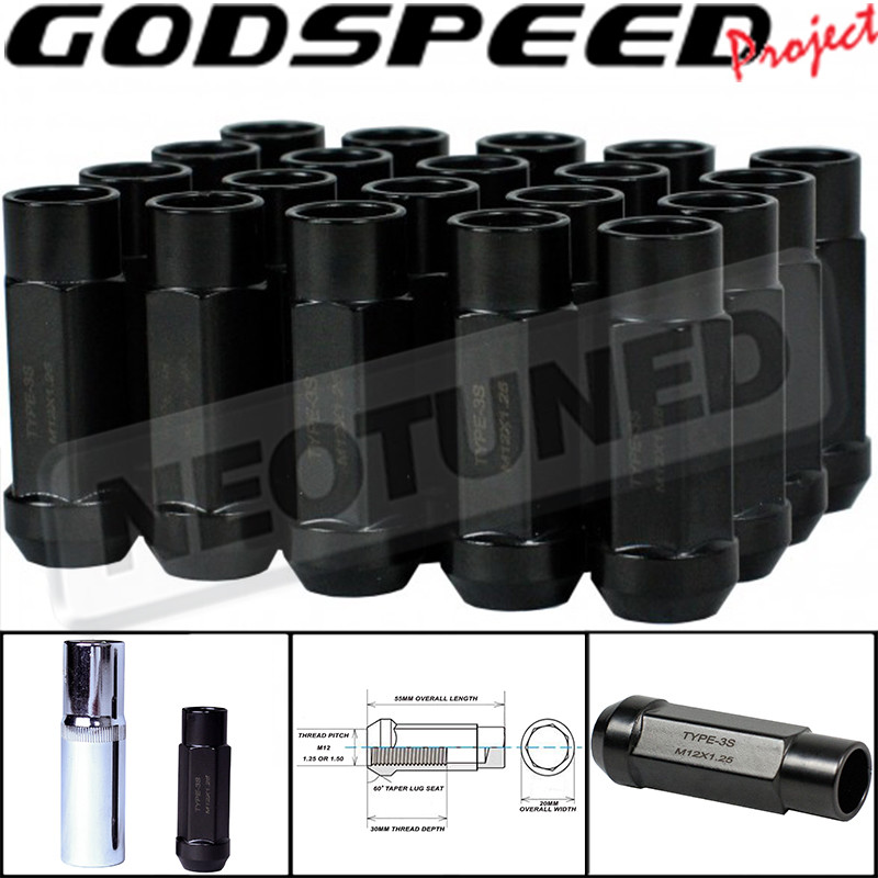 GODSPEED Black M12 X 1.25mm Type3X 55MM Steel Wheel Lug Nuts For WRX