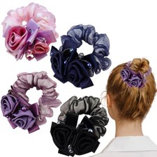4pcs Rose Flower Lace Hair Scrunchies Elastic Bands Floral Ponytail Holders