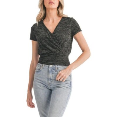 LUSH Surplice V-neck Crop T-shirt In Black, S