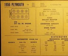 1956 Plymouth 270 277 CI V8 SUN Electric Corp Tune Up Chart Excellent Condition!