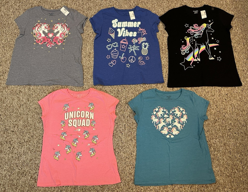 The Children's Place Girls Unicorn Graphic T-Shirts Size 16 XXL, Lot of 5, 3 NWT