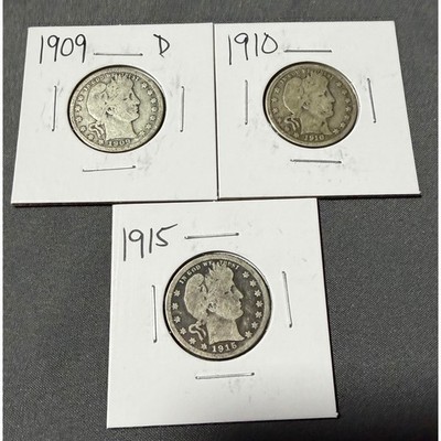1909-D 1910 1915 Barber Quarters 90% Silver US Coin Lot 3 Coins Denver Mint