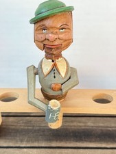 Vintage Hand-Carved Wood Mechanical Beer Stein Cork Man &bull; Folk Art Stopper