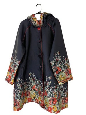 Ubu Womens Reversible Raincoat Jacket XL Navy blue Floral Button Hooded NWT