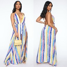 NWT Fashion Nova Striped Halter Maxi Swim Cover Up Dress Blue Pink Yellow READ