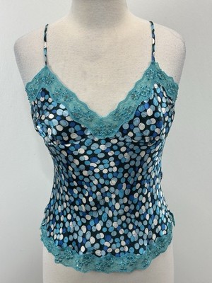 Vintage Y2K Ninety Bratz Blue Tank Top Cami M Lace Beaded Fairy Silk Babydoll
