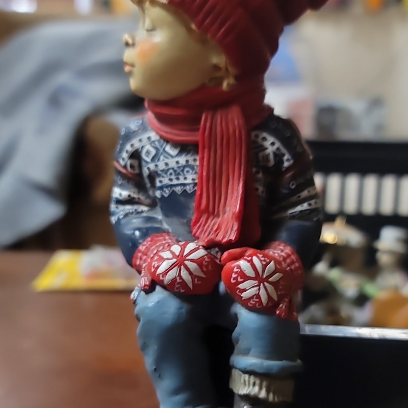 Painted Resin Winter Boy Figurine Red Hat Scarf Mittens Fair Isle Blue